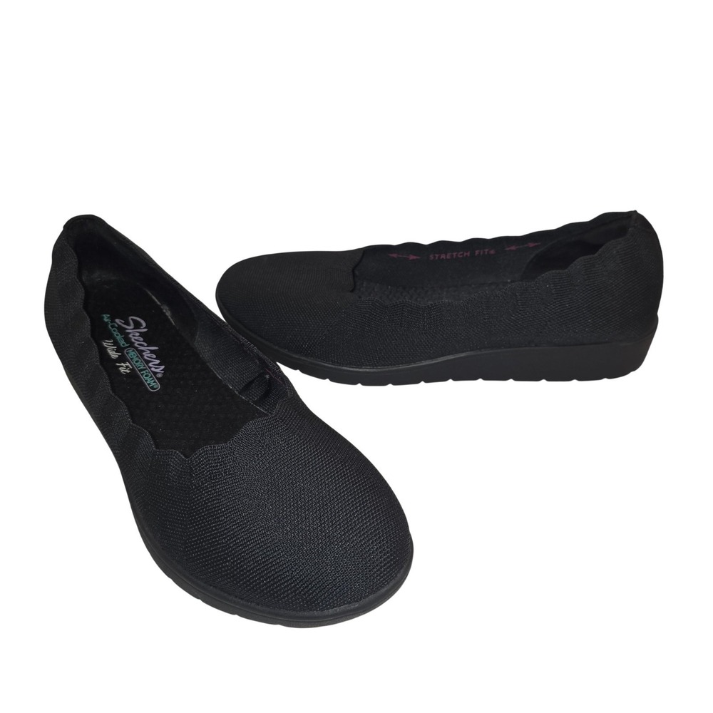 Skechers Flats Shoes Women 9 Black Stretch Fit Wide Memory Foam Comfort Work